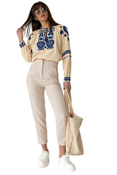 Cassime Γυναικεία Μπλε Λουλούδι Κεντημένη Vintage Μπεζ Βαμβακερή Μπλούζα