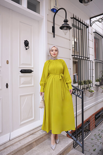 Esre Store 2587 - Kemerli Tesettür Elbise Yağ Yeşili