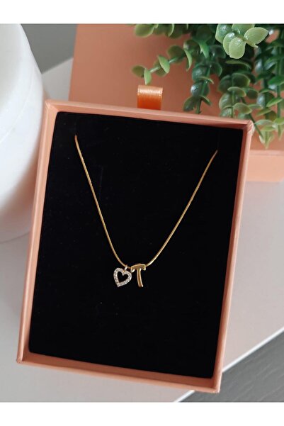 LUCKY ACCESSORIES Çelik Harf ve Zirkon Taşlı Kalp Sevgili Kolye T Harfi