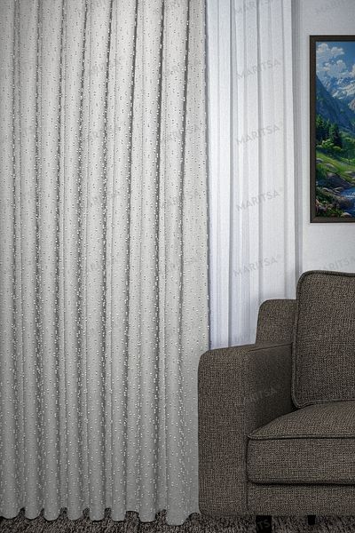 MARİTSA Linen Series Grammated Background Curtain - Pompom Pattern, Stone Close Pleat (1x3), Single Wing Curtain