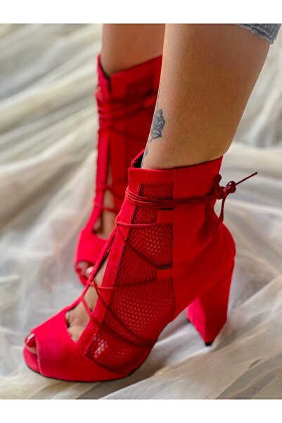 irmona Happy Kırmızı Dana Süet File Detaylı Ipli Yazlık Topuklu Bot Bottie