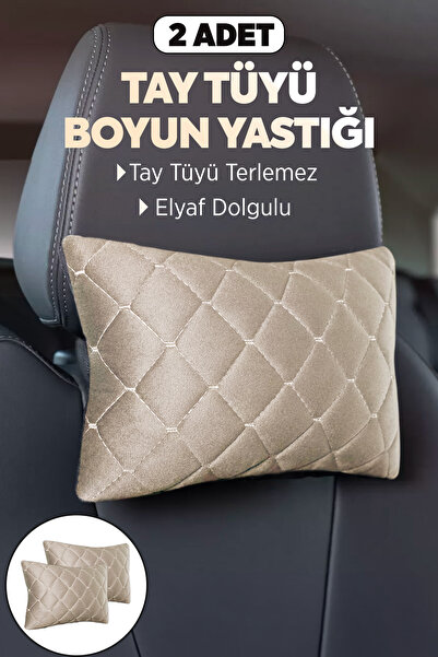 Tay Tüyü Oto Araç İçi Boyun Destek Yastığı Ortopedik Seyahat Yastığı Bej 2 Adet