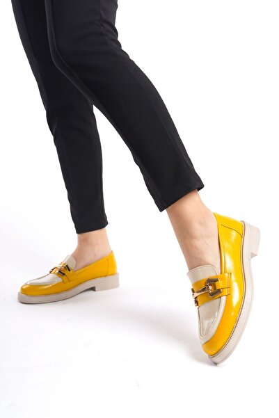 GRADA Комбинация от жълто и бежово - Дамски мокасини от естествена кожа с кат...