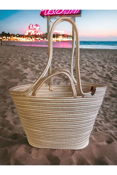 MaVaux Τσάντα παραλίας Zebra Jute Straw Look Τσάντα με λαβή γιούτας Vegan Bag