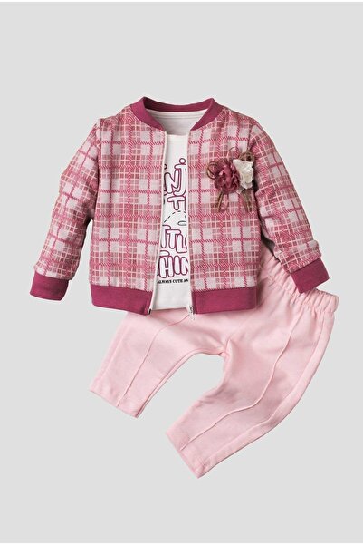 KİDEXBABY Kız Bebek Takımı 3 Parça Hırkalı Takım