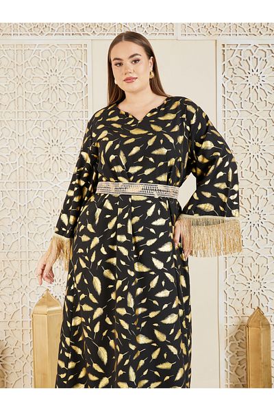 Styli Plus Feather Foil Print Tassel Trim Sleeves Jalabiya