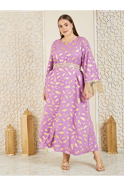 Styli Plus Feather Foil Print Tassel Trim Sleeves Jalabiya