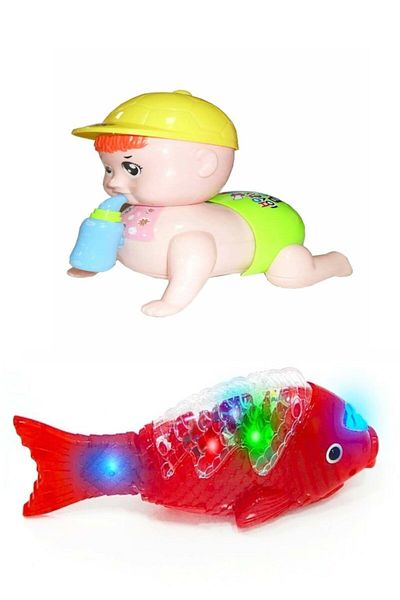 RoseRoi 1 Piece Toy Walking Fish +1 Piece Crawling Baby Crawling Playmate for Babies