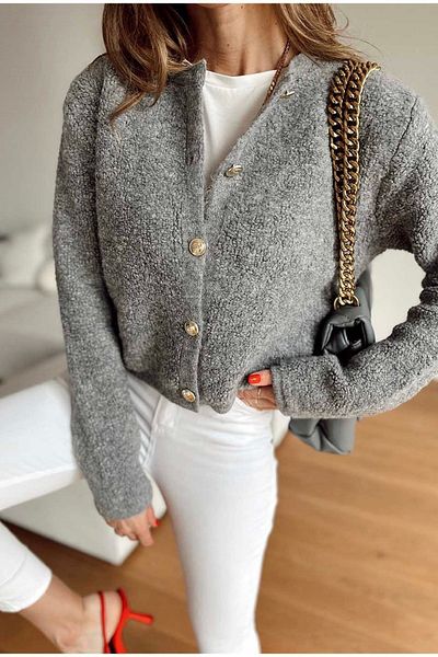 magnolianbutik Women's Model Gray Crew Neck Gold Buttoned Cardigan