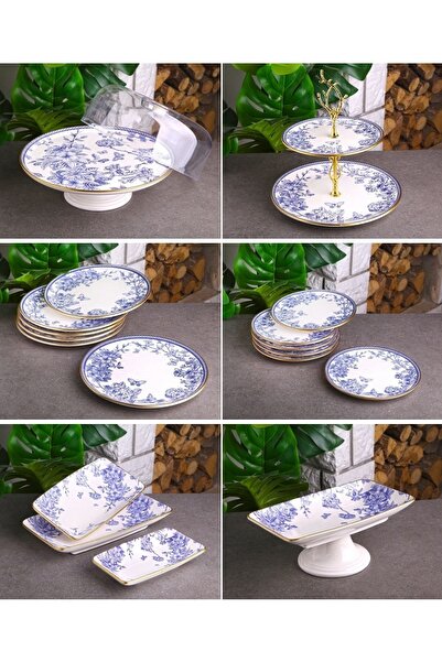 Pinkev طقم عرض كيك سيراميك ذهبي أزرق مكون من 19 قطعة