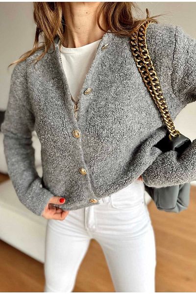 magnolianbutik Women's Model Gray Crew Neck Gold Buttoned Cardigan