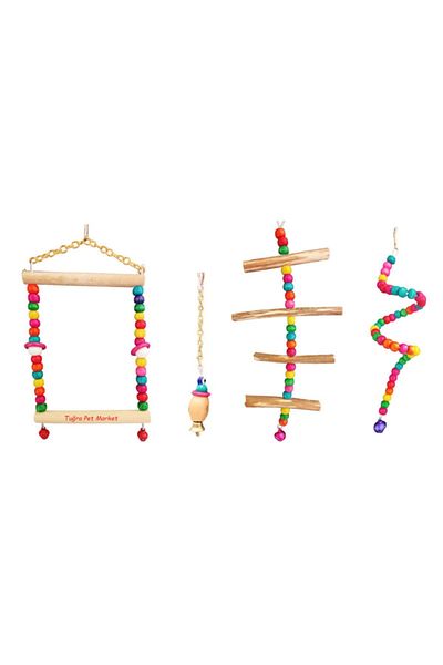 TUĞRA PET MARKET Budgie Wooden Perch and Wooden Beaded Toy Swing Set