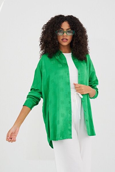 Orfeo Negro WOMEN'S PATTERNED OVERSIZE GREEN SHIRT IN PLUS SIZE AND SUITABLE FOR HIJAB
