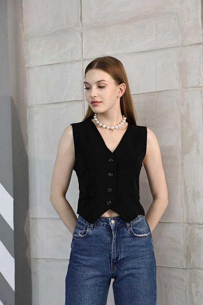 GALAVİP Women's Black Buttoned Linen Vest