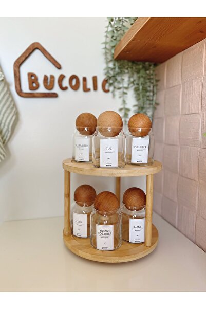 BUCOLIC Ahşap Kapaklı 6'lı Cam Baharatlık Seti Etiketli Ahşap Döner Standlı 3...