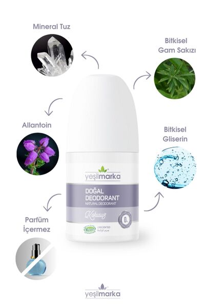 yeşilmarka %100 Doğal Roll On Deodorant Alüminyumsuz - Kokusuz - Alkolsüz- Parfümsüz - Ter Kokusu Önleyici