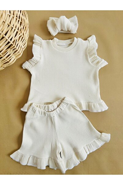 eymwes Baby Girl Child Summer Ribbed Fabric Bandana Frill Detailed Shorts Set