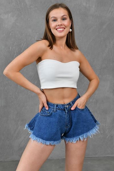WOMAN VISION Pantaloni scurți din denim albastru închis, fără lycra, cu talie înaltă - croială largă, cu volan 70366