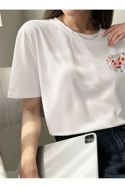 FAVORİST Unisex Oversize βαμβακερό μπλουζάκι - Heart and Tulip Printed