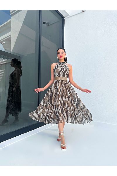 ESRAHELVACI Patterned Halter Flared Midi Dress