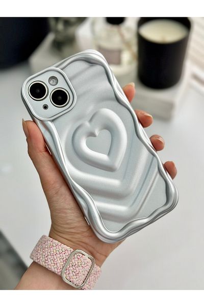 Go Aksesuar 3D Matte Embossed Heart Pattern Silicone Case with Camera Protection for Apple iPhone 13 and 14