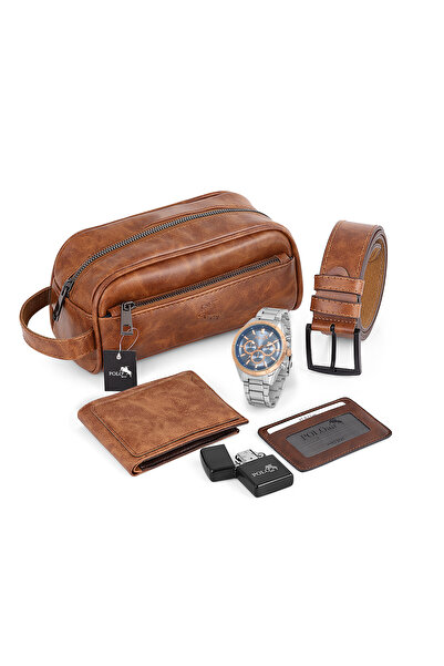 Polo Air Erkek Kol Saati El Çantası Cüzdan Kemer Kartlık Çakmak Set Taba-Gümü...