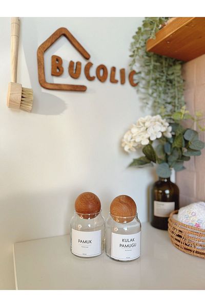 BUCOLIC Set of 2 Wooden Covered Glass Cotton Pots / Cotton-ear Cotton