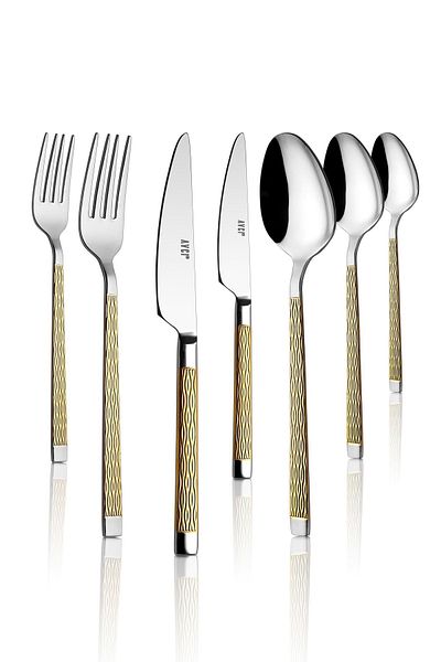 Avcı Pera Gold 7 Piece Single Fork Spoon Knife Set 18/10 Stainless Steel