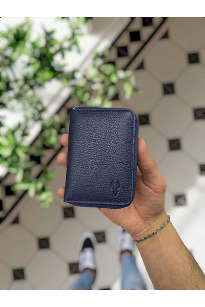 VİSSO 661 Model Real Leather - Γυναικεία και ανδρική τσάντα ακορντεόν με φερμουάρ και κάρτα ΣΚΟΥΡΟ ΜΠΛΕ GUTTY