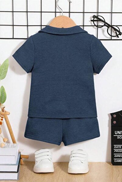 Bubito V-Neck Waffle Patterned Cotton Baby Shorts Set - Navy Blue