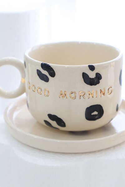 ada mia seramik Good Morning Leopar Desenli Özel Tasarım 24k Altın Dekorlu El Yapımı Seramik Mug 200ml