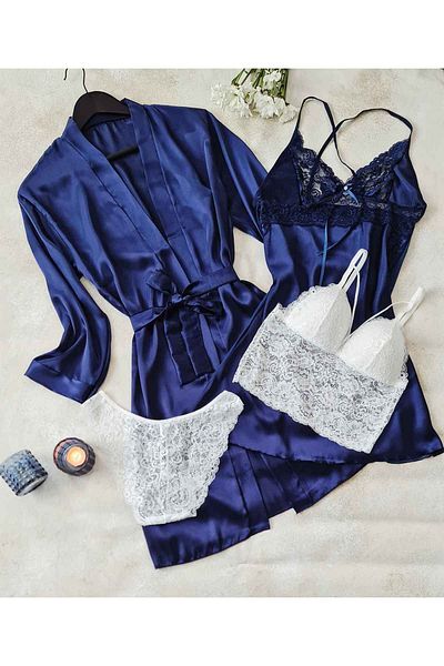 Çeyize dair herşey 6653 Model Bleumarin Set Mireasa Satin Matase - 4 Piese