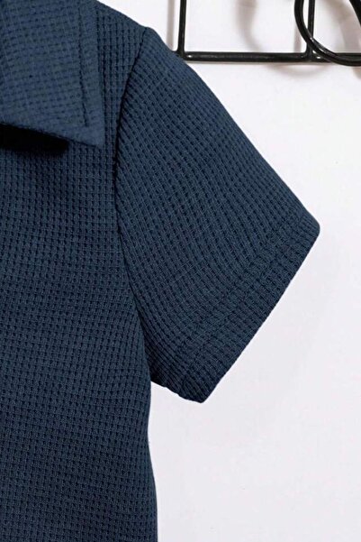 Bubito V-Neck Waffle Patterned Cotton Baby Shorts Set - Navy Blue