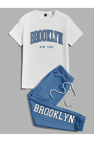 Hunors Sportswear & Company Σετ μπλουζάκι και φούτερ Lion Printed White and Baby Blue - Crew Neck