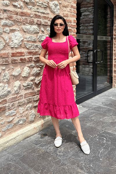 giyimmasalı Fuchsia Midi Dress - Fisto Fabric with Elastic Chest and Drawstring