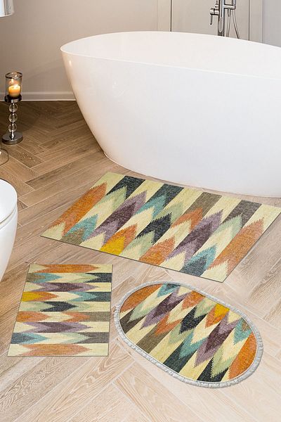 Dekoreko Digital 3-Piece Bathroom Mat Set Star Cotton Non-Slip Base Mixed Oval Modern Vina Color
