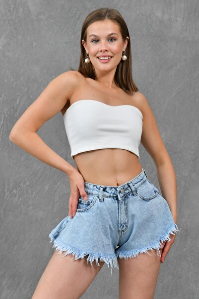 4S1B FASHION High Waist Tasseled Light Blue Denim Shorts - Flywheel Lycra Free Cut 70355