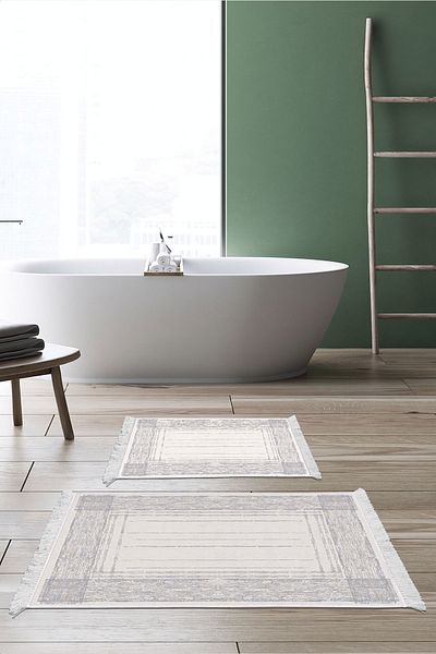Dekoreko Digital 2-Piece Bath Mat Set Trend Felt Non-Slip Base Fringed Modern Rana Blue