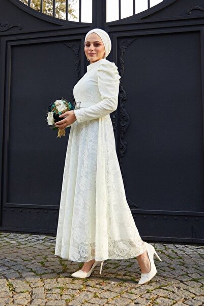 She Olive Φόρεμα από τούλι με πλισέ μανίκια - Λευκό