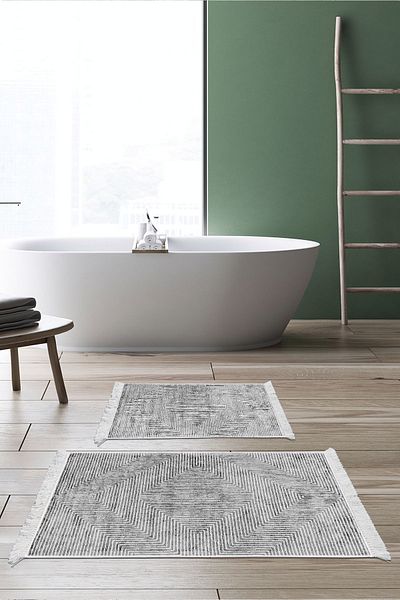 Dekoreko Digital 2-Piece Bath Mat Set Star Cotton Non-Slip Base Fringed Modern Vanessa Gray