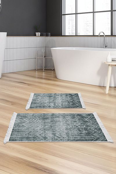 Dekoreko Digital 2-Piece Bath Mat Set Star Leather Non-Slip Base Fringed Scandinavian Mel Green