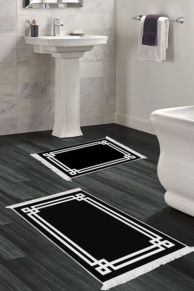 Dekoreko Digital 2-Piece Bath Mat Set Star Cotton Non-Slip Base Fringed Modern Jaz Black