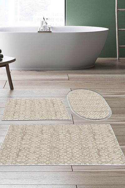 Dekoreko Digital 3-Piece Bath Mat Set Trend Felt Non-Slip Base Mixed Oval Modern Eliana Mink