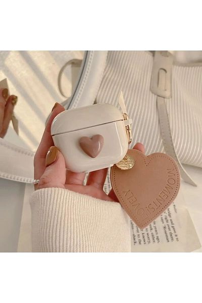 KVK PRİVACY Airpods 3rd Generation Compatible Brown Heart and Brown Heart Clip-on Headphone Case
