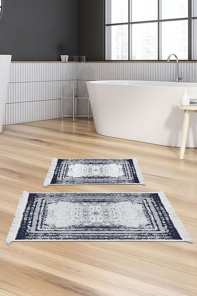 Dekoreko Digital 2-Piece Bath Mat Set Trend Felt Non-Slip Base Fringed Modern Mollie Navy Blue
