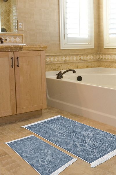 Dekoreko Digital 2-Piece Bath Mat Set Trend Felt Non-Slip Base Fringed Scandinavian Lorene Navy Blue