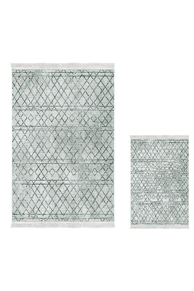 Dekoreko Digital 2-Piece Bath Mat Set Trend Felt Non-Slip Base Fringed Scandinavian Nydia Green