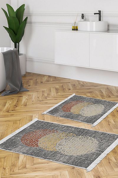 Dekoreko Digital 2-Piece Bathroom Set Trend Felt Non-Slip Base Fringed Modern Saeran Brown Cream Beige