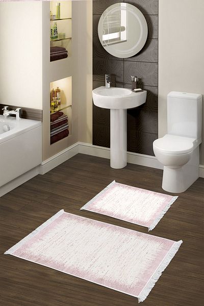 Dekoreko Digital 2-Piece Bath Mat Set Trend Felt Non-Slip Base Fringed Modern Evelina Powder
