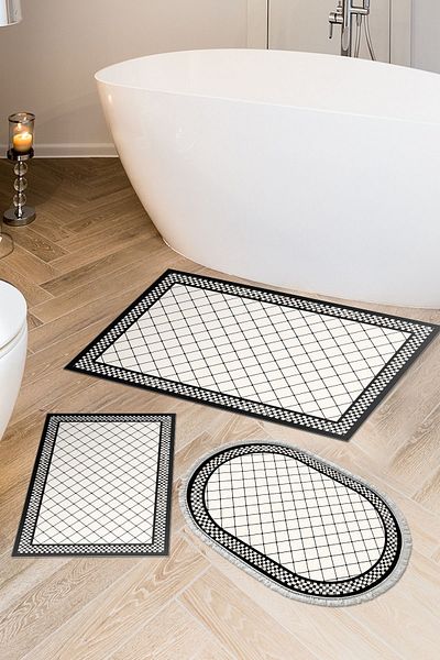 Dekoreko Digital 3-Piece Bath Mat Set Trend Felt Non-Slip Base Mixed Oval Modern Krystalyn Cream